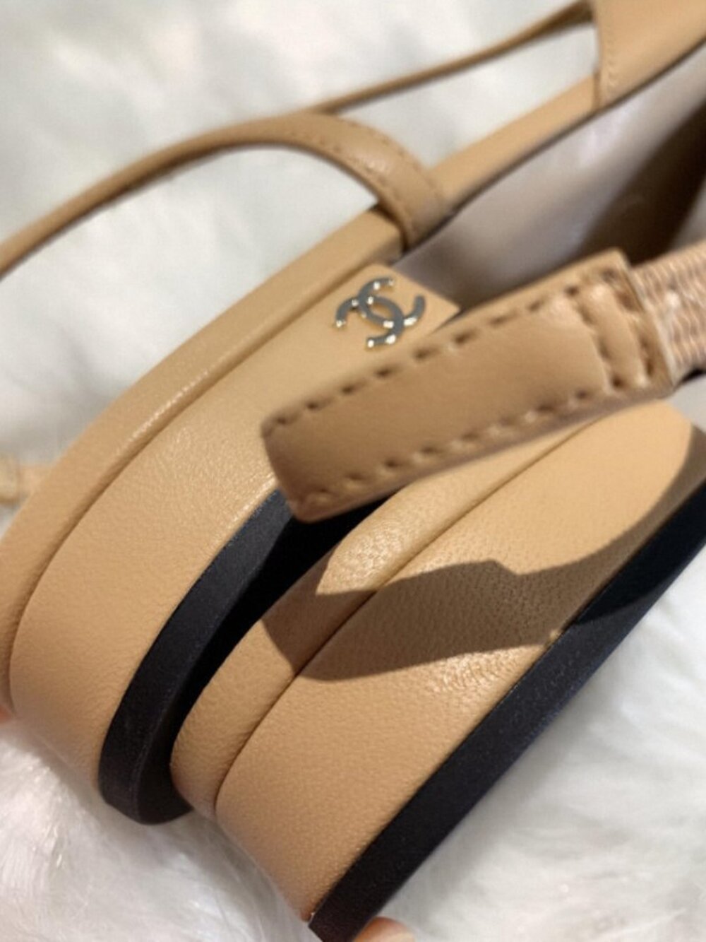Chanel Classic Slingback Flats Beige & Black Grosgrain Toe Shoes - Picture 7 of 11